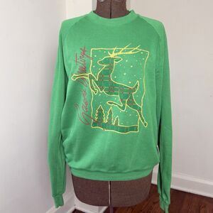 Vintage 80s 90s Jerzees Christmas Sweatshirt XL Green Tartan Reindeer Made USA